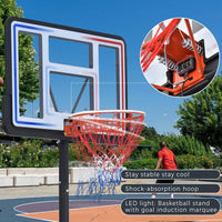 4.76 Ft. to 10 Ft. Black Metal Portable Basketball Hoop Height Adjustment with LED Lights