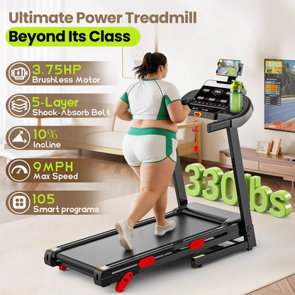 300 Lbs Portable Folding Treadmill, 3.75 HP Foldable Compact Treadmill for Home Office, Walking Running Treadmill with LED Display for Exercise, Treadmill with Incline, 105 Programs