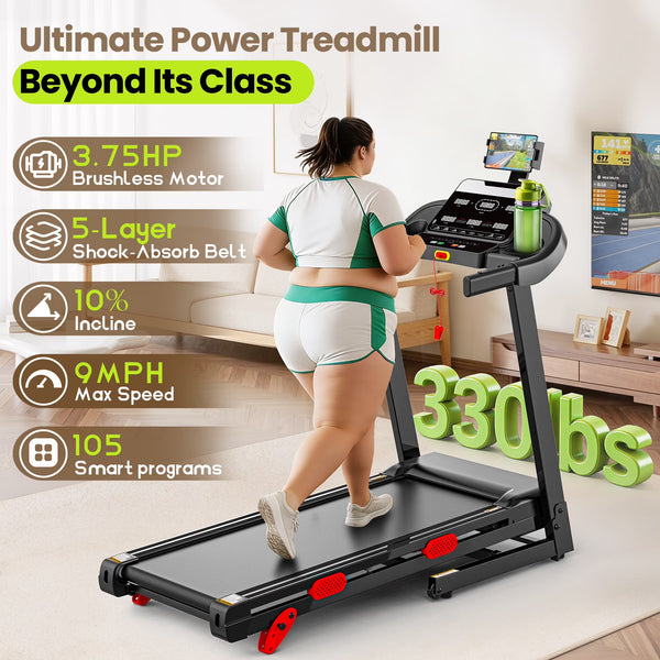 300 Lbs Portable Folding Treadmill, 3.75 HP Foldable Compact Treadmill for Home Office, Walking Running Treadmill with LED Display for Exercise, Treadmill with Incline, 105 Programs