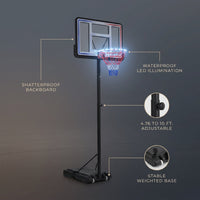 4.76 Ft. to 10 Ft. Black Metal Portable Basketball Hoop Height Adjustment with LED Lights — infographic
