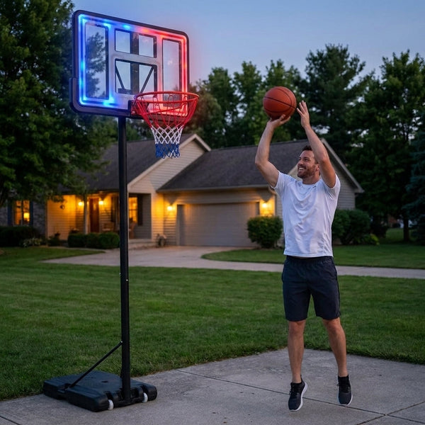 Portable Basketball Hoop Built for Night Play, LED Lights, Height Adjustable 4.7-10 ft, Black Metal Frame