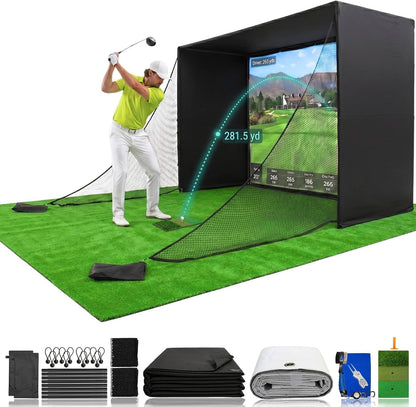 Golf Simulator Enclosure 10.7X8X5Ft & 8.5X8.5X5Ft | Light-Proof HD/4K Silent Impact Screen, Indoor/Outdoor Golf Simulators for Home Includes Mat, Foam-Padded Iron Poles, Shank Net, Sandbag & Bonus Kit
