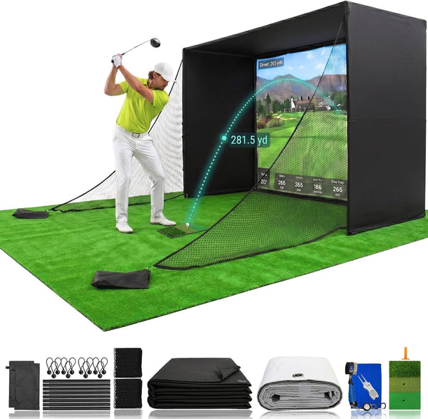 Golf Simulator Enclosure 10.7X8X5Ft & 8.5X8.5X5Ft | Light-Proof HD/4K Silent Impact Screen, Indoor/Outdoor Golf Simulators for Home Includes Mat, Foam-Padded Iron Poles, Shank Net, Sandbag & Bonus Kit