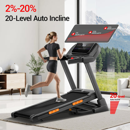 Fitness Treadmill with 20% Auto Incline | Treadmills for Home Folding with Pulse Sensors, 350/400LBS Capacity, Max 4.0HP Quiet Brushless & 8.0/8.7MPH