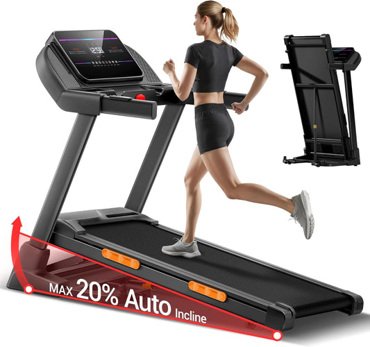 Fitness Treadmill with 20% Auto Incline | Treadmills for Home Folding with Pulse Sensors, 350/400LBS Capacity, Max 4.0HP Quiet Brushless & 8.0/8.7MPH