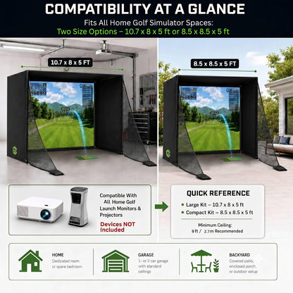 Golf Simulator Enclosure 10.7X8X5Ft & 8.5X8.5X5Ft | Light-Proof HD/4K Silent Impact Screen, Indoor/Outdoor Golf Simulators for Home Includes Mat, Foam-Padded Iron Poles, Shank Net, Sandbag & Bonus Kit