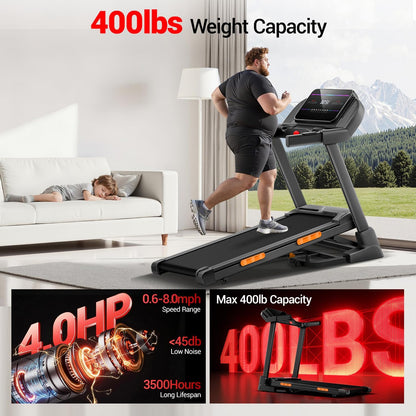 Fitness Treadmill with 20% Auto Incline | Treadmills for Home Folding with Pulse Sensors, 350/400LBS Capacity, Max 4.0HP Quiet Brushless & 8.0/8.7MPH